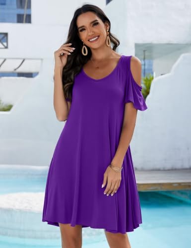 Image of JollieLovin Womens Plus Size Short Sleeve Cold Shoulder V Neck T-Shirt Dress with Pockets