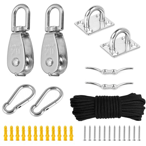 M20 Umlenkrollen für Seile Set, Edelstahl, 360-Grad-Drehung Umlenkrolle, Tragfähigkeit 150 KG Flaschenzug, Geeignet für Boote, Markisen, Garagentore, Wäscheleinen, Angeln (Silber)