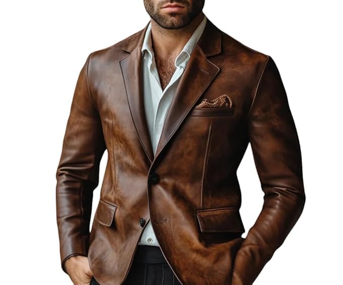 chava Leather Men's Premium Brown Leather Blazer, Classic Fit, Two-Button Suit Jacket with Pocket Square-picture-15