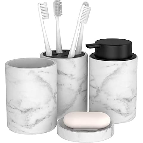 bonVIVO Marmora Bathroom Accessory Set - 4-Piece Bathroom Soap Dispenser Set w/Soap Dish, Tumbler & Toothbrush Holder - Luxury Bathroom Accessories Set - Gifts for Women and Men - Black Cover