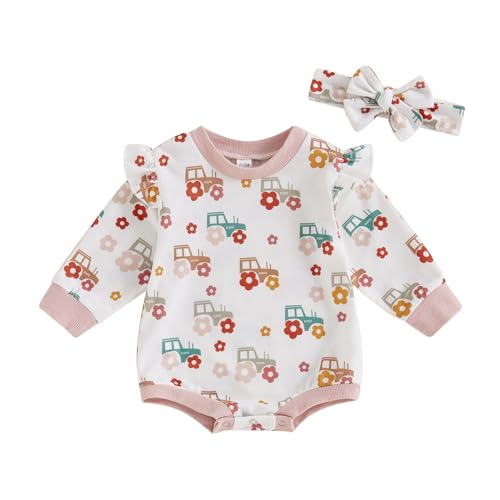 Image of Hnyenmcko Newborn Baby Girl Romper Ruffle Long Sleeve Jumpsuit Tractor Floral Infant Bodysuit with Headband Fall Clothes