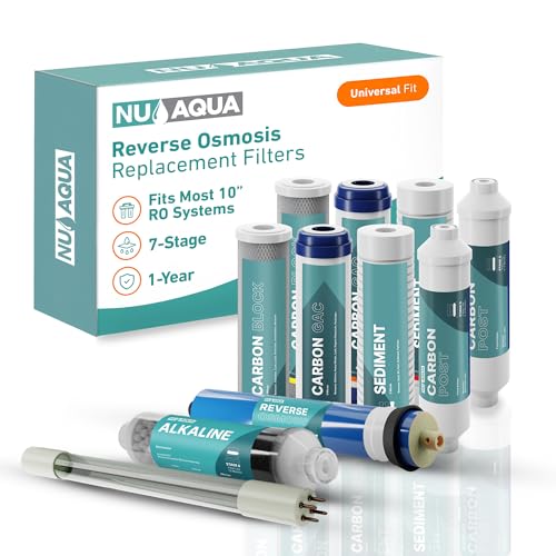 NU Aqua Reverse Osmosis Water Filter System Replacement Set - 7 Stage 1 Year Alkaline & UV Under Sink Kit - Membrane, Sediment, Carbon Filters, Parts & Fittings - Universal RO Filtration Cartridge