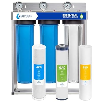 Express Water Whole House Water Filter System, 3 Stage Whole Home Filter Reduces Chlorine, Chloramine and More for Healthier Skin, Includes Free-Standing Stainless Steel Frame & 3 Pressure Gauges