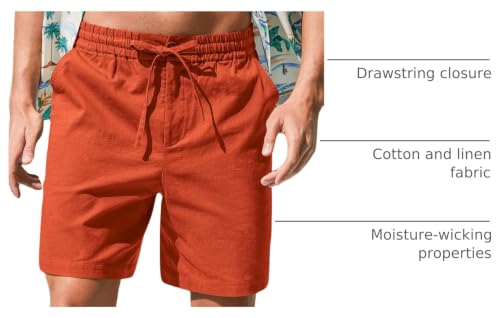 Image of RQP Mens Cotton Linen Shorts Casual Drawstring 7inch Inseam Shorts Stretch Summer Beach Wear