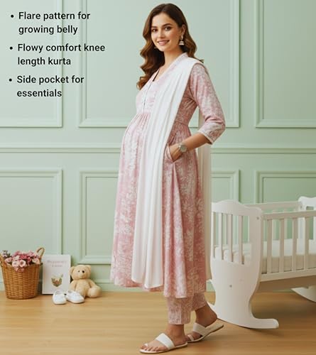 Image of DUMMY SHAPE Maternity Dresses for Women Cotton | Floral Kurta Pant Dupatta Set with Nursing Zippers, Side Pocket | Pre & Post Pregnancy | Feeding Kurti Suit | Baby Shower | Gifts for Pregnant Woman