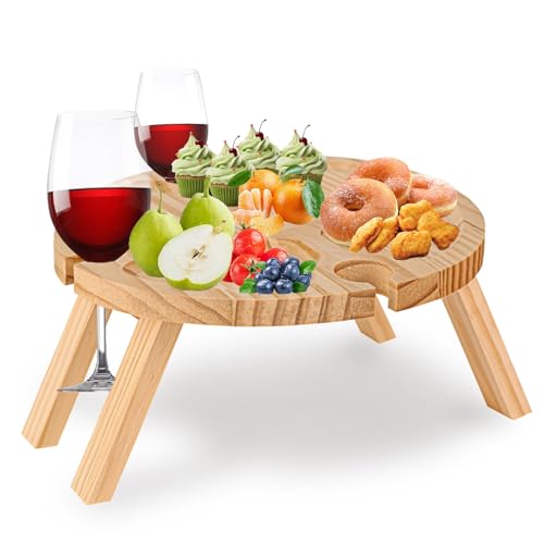 YYTECH Mesa de picnic plegable de madera para exteriores, mesa de vino, mesa de picnic con soporte para copas de vino, mesa de picnic portátil para picnic, camping, parque, playa
