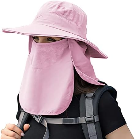 UPF 50+ Sun Fishing Hat for Men Women Wide Brim Hat with Detachable Face Cover & Neck Flap Pink