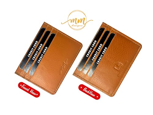 Image of MM Designs | Slim Leather Credit Card Holder for Men and Women | Genuine Leather RFID Blocking | Minimalist Wallet with 6 Card Slots (Gold Tan)