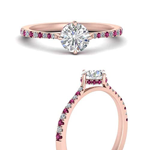 Image of Choose Your Gemstone Compass Point Under Halo Round Engagement Ring Rose Gold Plated Round Shape Side Stone Engagement Rings Lightweight Office Wear Everyday Gift Jewelry US Size 4 to 12