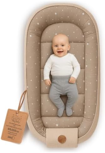 Babynest Neugeborene Nestchen Baby 90x50 cm - Kokon Handmade zweiseitig aus Baumwolle Waffel mit Babynestchen Beige mit Weiß Sternen