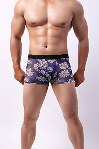 Swbreety Men's Lace Boxer Briefs Trunks Underwear Transparent Lingerie For Men Navy #TOP1