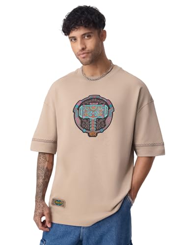 Image of The Souled Store Marvel Indie: Logo Men and Boys Short Sleeves Round Neck Embroidered Drop Shoulder Baggy Casual Streetwear Superheroes Inspired Cotton Super Oversized T-Shirt