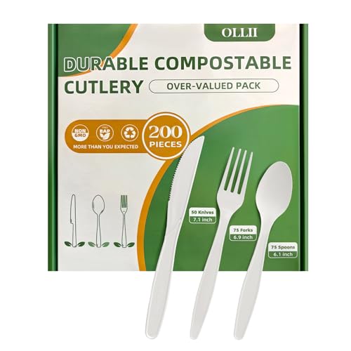 OLLII 200 Count Biodegradable Cutlery Set Eco-Friendly Compostable Utensils Heavy Duty Disposable Silverware 75 Forks, 75 Spoons, 50 Knives for Parties Picnics Travel BBQ