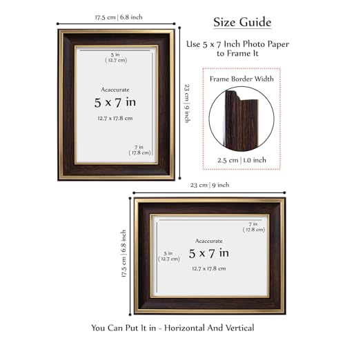 Image of GOLDEN PEACOCK Set of 2 5x7 Inch Photo Frames - Elegant Dark Wood & Gold Finish | Decorative Tabletop & Wall Hanging Picture Frames for Home, Office & Gifting