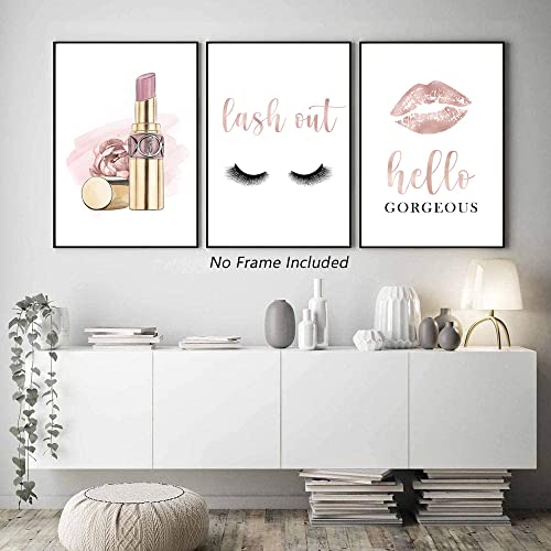 Makeup Wall Art Canvas Fashion Art Eyelash Pictures Wall Decor Lipstick Lips Lash Painting Decor Beauty Salon Wall Art Rose Gold Fashion Poster For Women Girl Room Decoration 16X24X3 Inch Unframed #TOP2