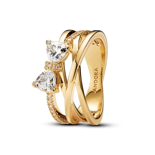PANDORA Women's Ring with Shiny Bow Gold 163511C01, 56/17,8, Sterling Silver, Cubic Zirconia