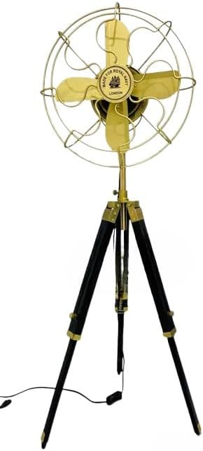 ANTIQUE AURA Vintage Brass Antique Tripod Floor Fan With Wooden Stand Floor Fan Home Décor.