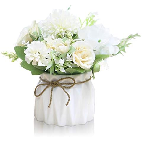 MA Keleily Hydrangea Artificial Flowers Indoors with Ceramic Vase Roses Silk Flowers in Small Pot Realistic Flower Arrangements for Wedding, Office, Table, Window, Living Room, Bedroom, Party, White Cover