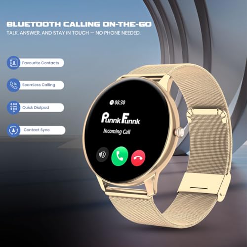 Image of PunnkFunnk Glavito Round Dial Smartwatch 1.49 inch AMOLED Display, 100+ Sports Modes, Health Tracking, Bluetooth Calling, Functional Crown Control, 100+ Watch Faces for Men & Women (Millanese Gold)