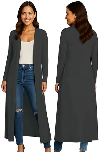 Re Tech UK Ladies Womens Maxi Plus Size Long Cardigans for Women UK Collared Top Long Full Sleeve Floaty Women's Cardigans Coatigans Sizes 8-26 (Charcoal - XXXL)