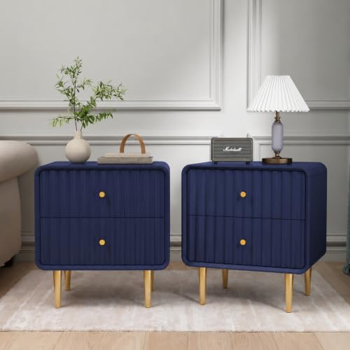 Image of HLR Night Stand Set of 2, Fluted Modern Bedside Table with 2 Drawers, Blue