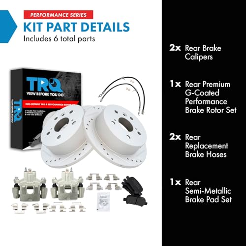 Image of TRQ Performance Rear Brake Pad and Rotor Set Semi Metallic Slotted Drilled Calipers Hoses Compatible with 2006-2007 Toyota Avalon 2006-2008 Solara