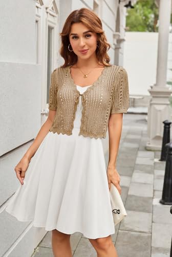 Image of Kate Kasin Women Crochet Shrug Knit Sweater, Short Sleeve Cropped Cardigan | Tie Front Tops Light Weight, Knit Cover Up Arm Bolero For Evening Dresses Dressy Casual, Ladies Eyelet Shawl Thin Formal