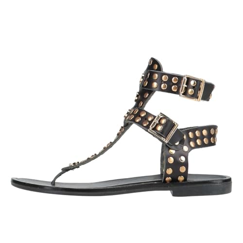 FOWT Women Round Split Toe Sandals Rivet Studded Flat Gladiators Ankle Strap Casual Street Daliy Shoes Size 4-16 US2