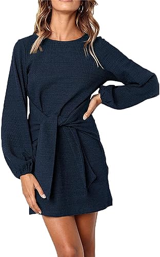 PRETTYGARDEN Womens Spring Elegant Long Lantern Sleeve Short Dress Wedding Guest Crewneck Tie Waist Knit Cocktail Dresses (Navy,Small)