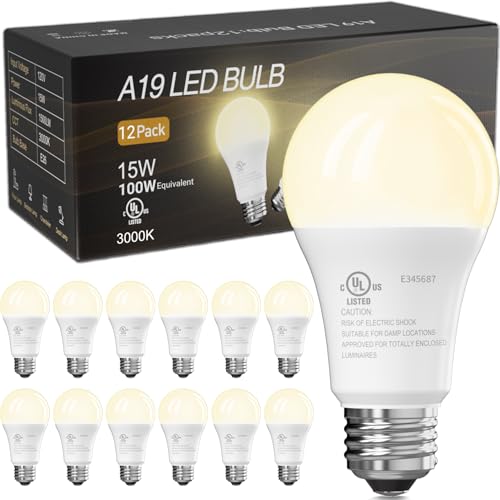 Image of TJOY LED Light Bulbs, 100 Watt Equivalent A19, Soft Warm White 3000K | 12 Pack 15W 1500 Lumens, E26 Standard Base, Energy Saving Lightbulbs, Non Dimmable Lamp for Home Bedroom Kitchen