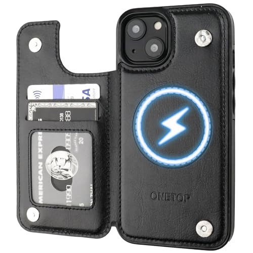 ONETOP Compatible with Magsafe for iPhone 14 Wallet Case with Card Holder, PU Leather Kickstand RFID Blocking Case, Double Magnetic Clasp and Durable Shockproof Cover 6.1 Inch (Black)