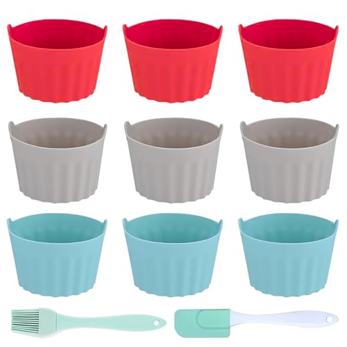 FIHODONE 11 PCS Silicone Muffin Cases, Silicone Moulds for Air Fryer Reusable Moulds, Ramekins for Air Fryer Accessories Cake Cases, with Brush and Spatula (Red&Gray&Blue)
