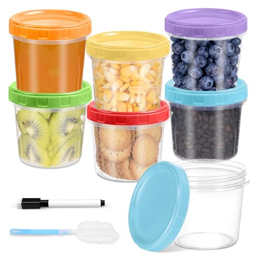 Yomarket 10 oz Plastic Containers with Lids, 6 Pack Stackable Small Freezer Container, Reusable Clear Food Storage Meal Prep Containers for Snack Fruit, Microwave & Dishwasher Safe, with Pen & Brush