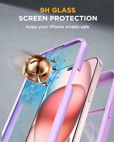 Image of Miracase Magnetic for iPhone 15 Plus Case 6.7'' [Compatible with Magsafe] Full-Body Military Drop Proof 15 Plus Phone Case Cover with Built-in 9H Tempered Glass Screen Protector,Light Purple