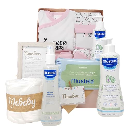 Mababyshop, Cesta Bebé Hello!, Canastilla de Bebe con Set de Primera Puesta, Gel y Locion Hidratante para Bebe, Colonia, Toallitas, y Marco con Nombre, Cesta Bebé Regalo Original… (Rosa)