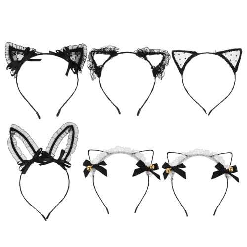 Alipis 6 Diademas de Encaje con Orejas de Gato Lazo y Cascabel Color Negro para Mujeres y Niñas Accesorio para Fiestas Cumpleaños Cosplay y Carnaval