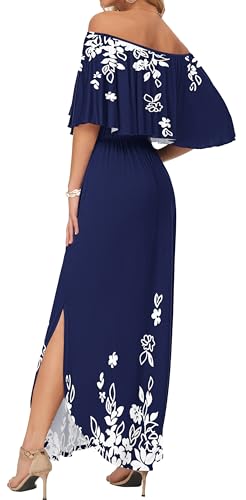 Image of AUSELILY Womens Off Shoulder Ruffle Split Summer Maxi Dresses with Pockets | Off-shoulder Ruffle dress with empire waist & side split for summer beach and casual parties