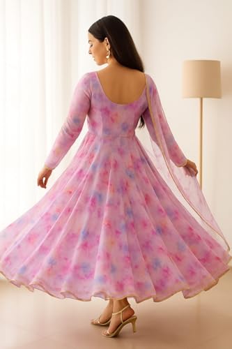 Image of Elegant Pastel Multicolor Printed Anarkali Gown with Sheer Dupatta - Flowy Ethnic Women | Soft Organza Dress Festive Wedding Special Occasions