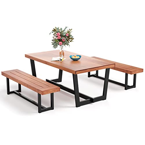 Sophia & William 3 Pieces Poplar Wood Patio Dining Set Furniture for 4-6, Wooden Outdoor Picnic Table and Benches, Slim Backless Wood Benches and Rectangular Table for Porch Yard Deck,Teak Sophia & William 3 Pieces Poplar Wood Patio Dining Set Furniture for 4-6, Wooden Outdoor Picnic Table and Benches, Slim Backless Wood Benches and Rectangular Table for Porch Yard Deck,Teak
