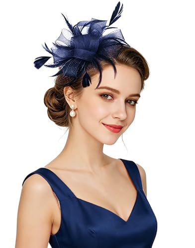 Z&X Women Feather Fascinator Wedding Tea Party Hair Clip Brooch Bridal Headpiece Navy Blue