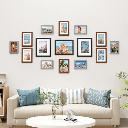 Image of Vittanly 15 Pack Picture Frames Collage Wall Decor, Multi Sizes Including 3pcs 8x10, 6pcs 5x7 and 6pcs 4x6 Photo Frames, Gallery Frame Set for Wall or Tabletop Display, Black, Walnut Brown and Grey
