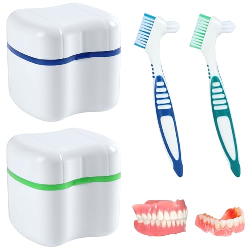 Flintronic 2Pcs Boîte de Dentier, Boîte de rangement pour appareils dentaires, avec 2 Brosse à Prothèses, Boite Appareil Dentaire avec Passoire, Couvercle...