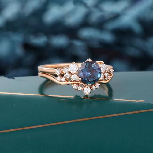 1.0 ct Round Cut Gemstone Engagement Ring For Women 2 pcs Unique Art Deco Curved Wedding Ring Set 10K 14K 18K Gold Nature Inspired Ring Wedding Anniversary Ring Set4