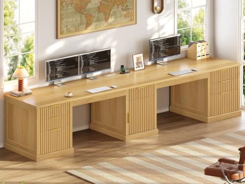 Image of SEDETA Fluted 110.3 inch Two Person Desk with 7 Drawers for Office, Fluted Oak