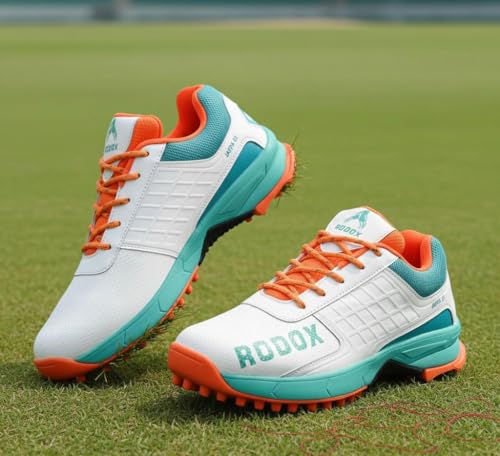 Image of RODOX Cricket Shoes with TPU Shank Rubber Outsole with Multidirectional Grip White Grey