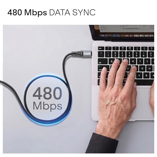 Image of boAt FlexiCharge 250 Cable with 2-in-1 Connectivity Type-C to Type-C + Lightning Cable; 60W /3A PD Fast Charging, 480 Mbps Data Sync, 1.2 m (3.9 ft),10000+ Bends Lifespan, Nylon Braided (Carbon Black)