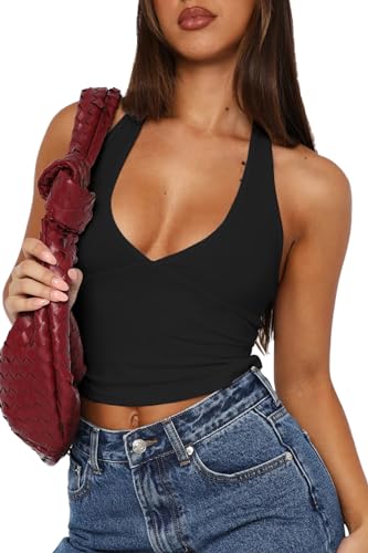 YFANG Women's Sexy Halter Deep V Neck Crop Tank Top Backless Sleeveless Slim Fitted Going Out Summer Top3
