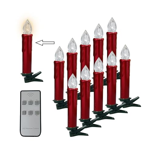 Image of Flameless LED Taper Candles with Clips, 4 inch Battery Operated Window Candles with Remote Timer Mini LED Chandelier Candlesticks for Home Decor Wedding Church Party & Tree Lighting,10 Pack,RED