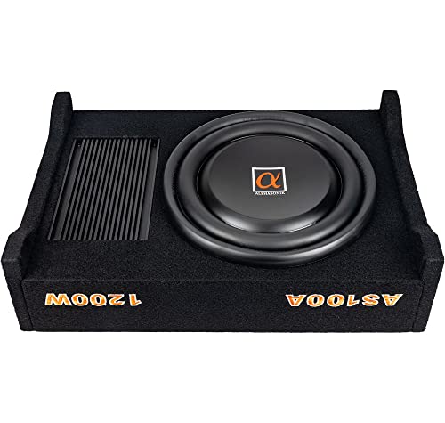 Alphasonik AS100A 10" 1200 Watts with a Built-in Amplifier Down-Firing Shallow Mount Enclosed for Tight Spaces in Cars and Trucks, Slim Thin Loaded Subwoofer Air Tight Sealed Bass Enclosure