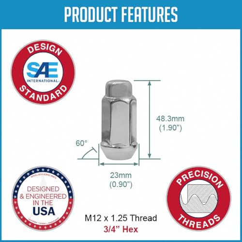 Image of Wheel Accessories Parts 24 Pcs M12 x 1.25 12 x 1.25 Thread Bulge Acorn 1.90 inch Long Lug Nuts Chrome 3 /4 inch 19mm Hex Fits Nissan Titan (Non XD)